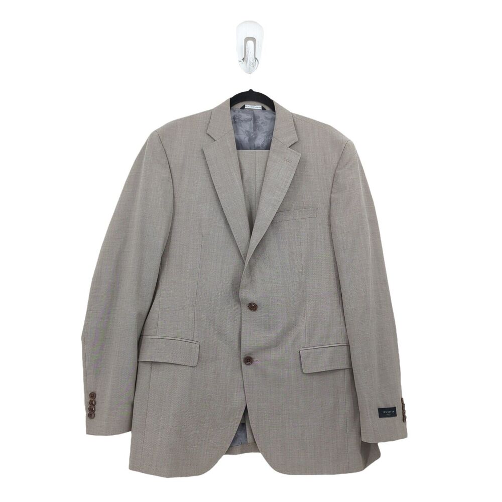 Ted Baker Men 44 L Jay CT Suit Jacket Blazer Pants Brown Trim Wool Trousers FLAW